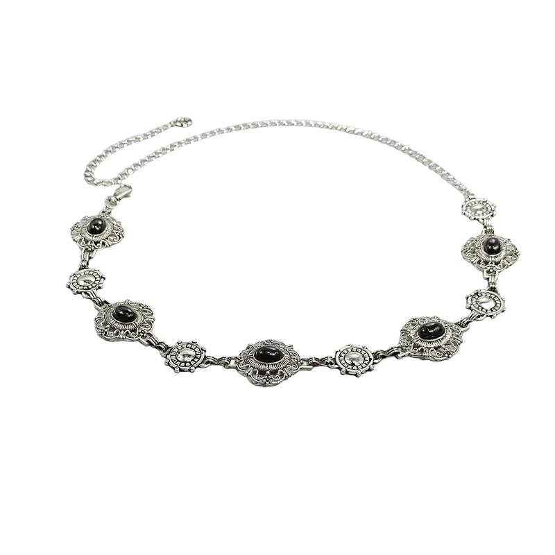 Silver filigree cosplay waist chain belt with ornate black onyx stones in gothic punk chain belt female style