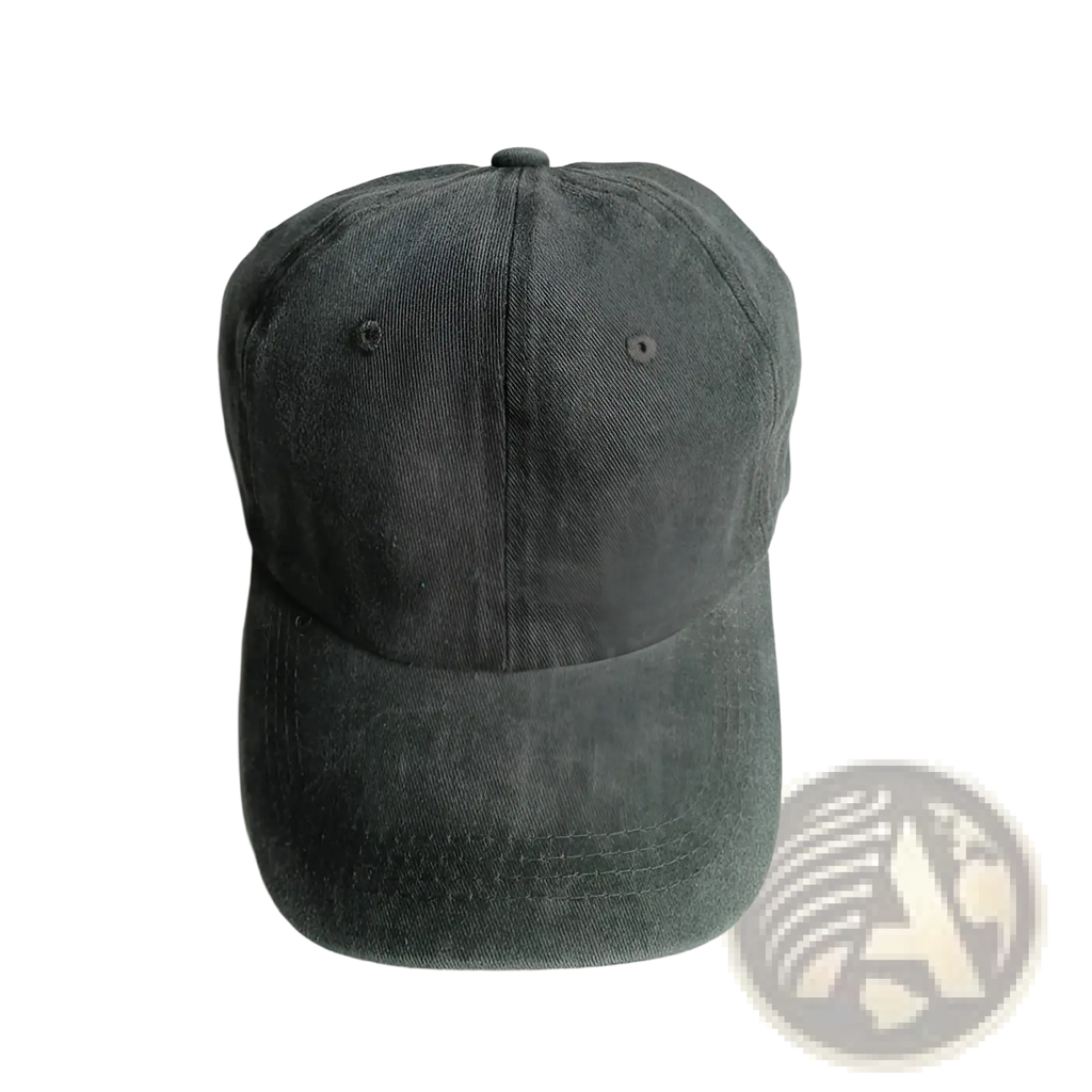 A dark gray textured cotton denim baseball cap with classic six-panel design and stitched brim vintage washed sun hat