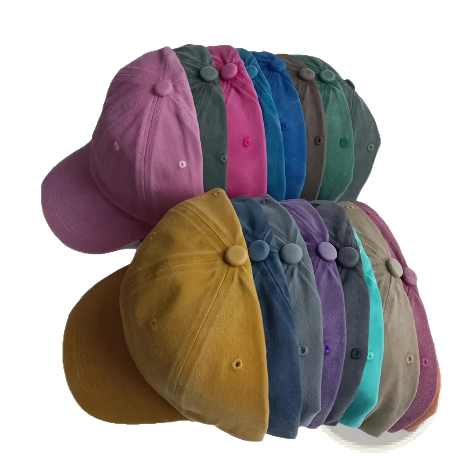 A collection of colorful corduroy cotton baseball caps in purple pink blue green yellow and teal vintage washed style
