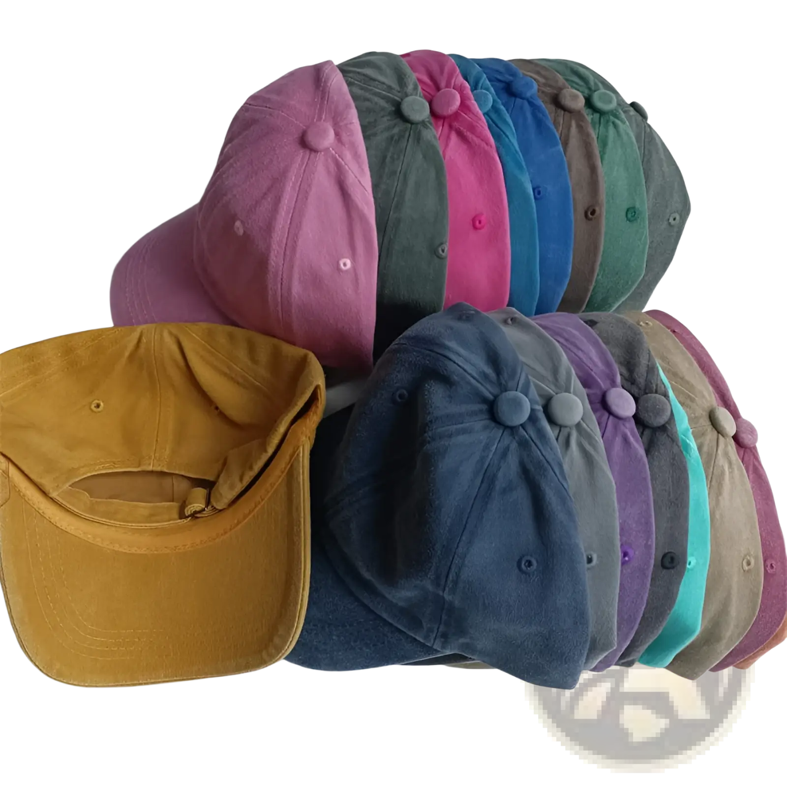 A collection of colorful vintage washed cotton corduroy baseball caps in pink green blue and mustard yellow