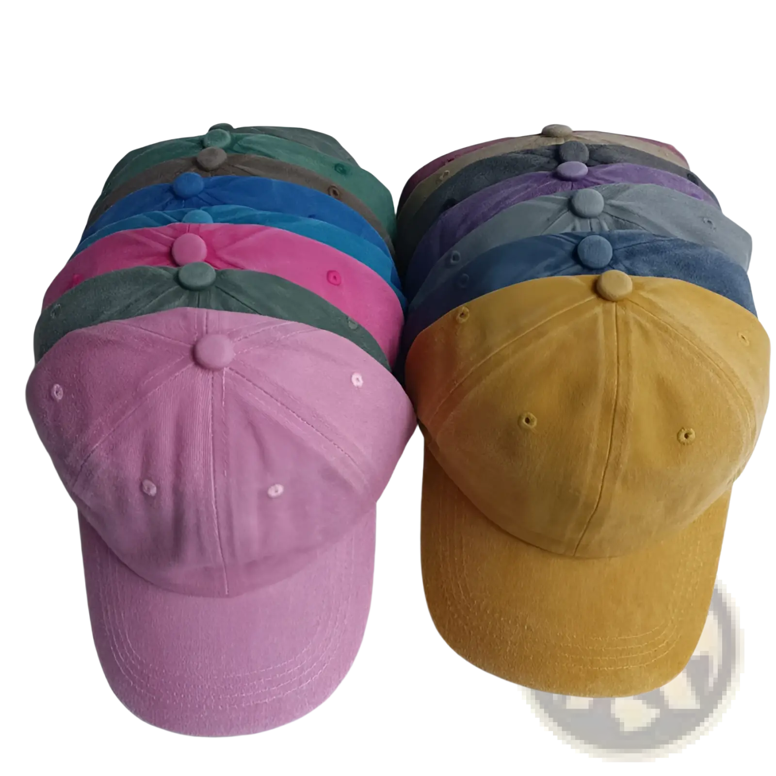 A collection of colorful corduroy cotton baseball caps in pink blue green and mustard yellow vintage washed sun hats