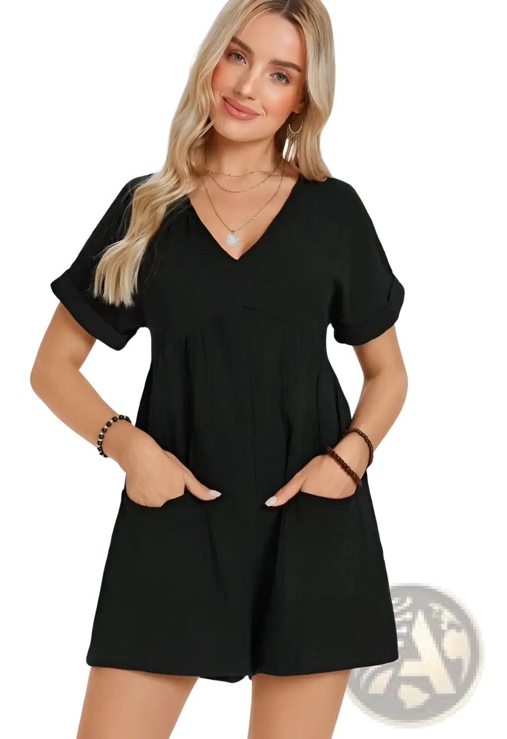 Black cotton short-sleeved v-neck romper with batwing sleeves gathered waist and front pockets for casual wear