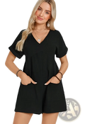 Black cotton short-sleeved v-neck romper with batwing sleeves gathered waist and front pockets for casual wear