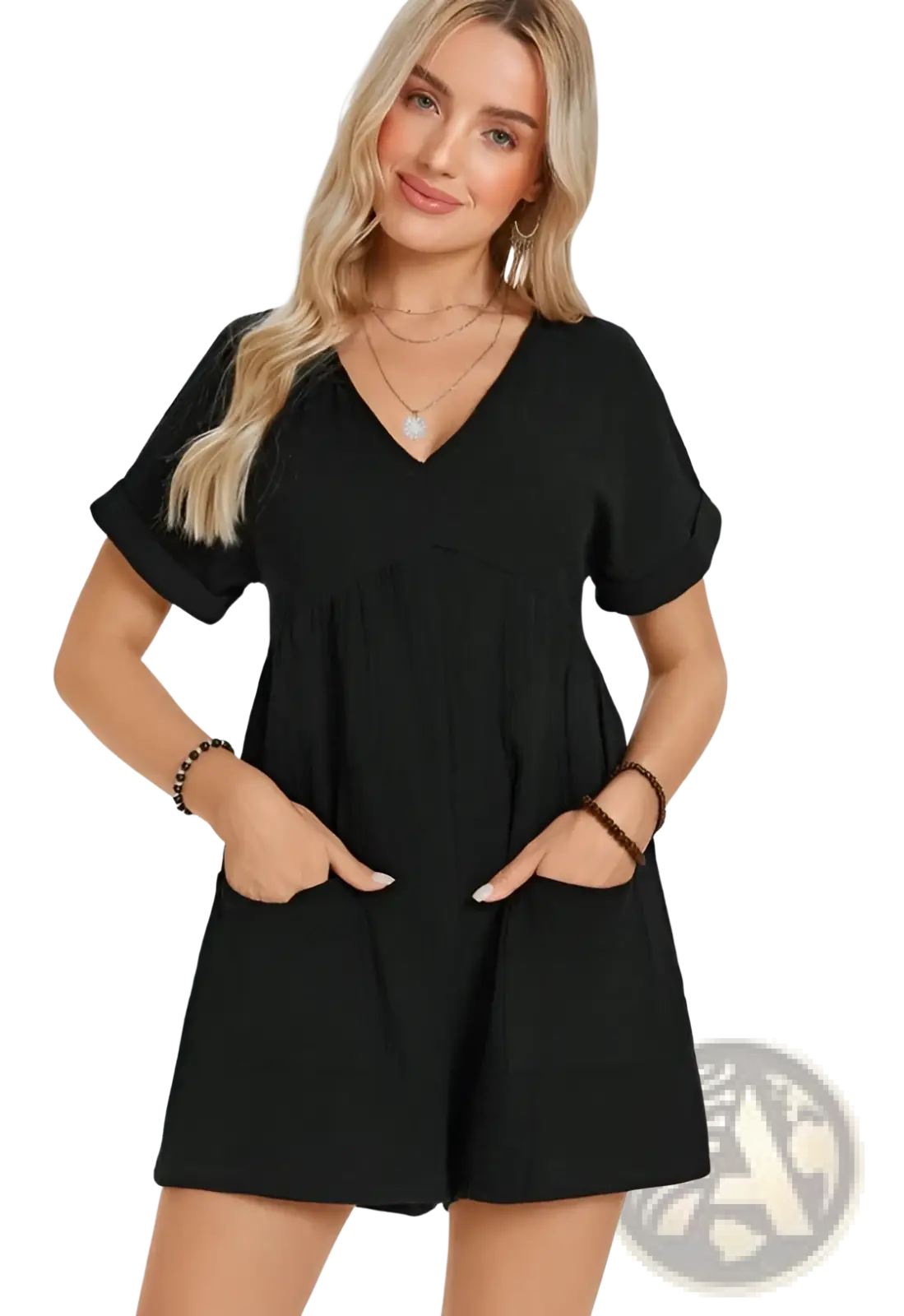 Black cotton short-sleeved v-neck romper with batwing sleeves gathered waist and front pockets for casual wear