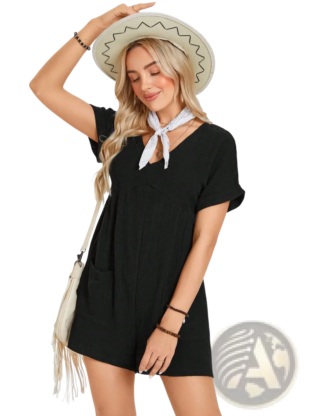 Black cotton batwing sleeve romper with v-neckline front pockets and white bandana accessory at the neck