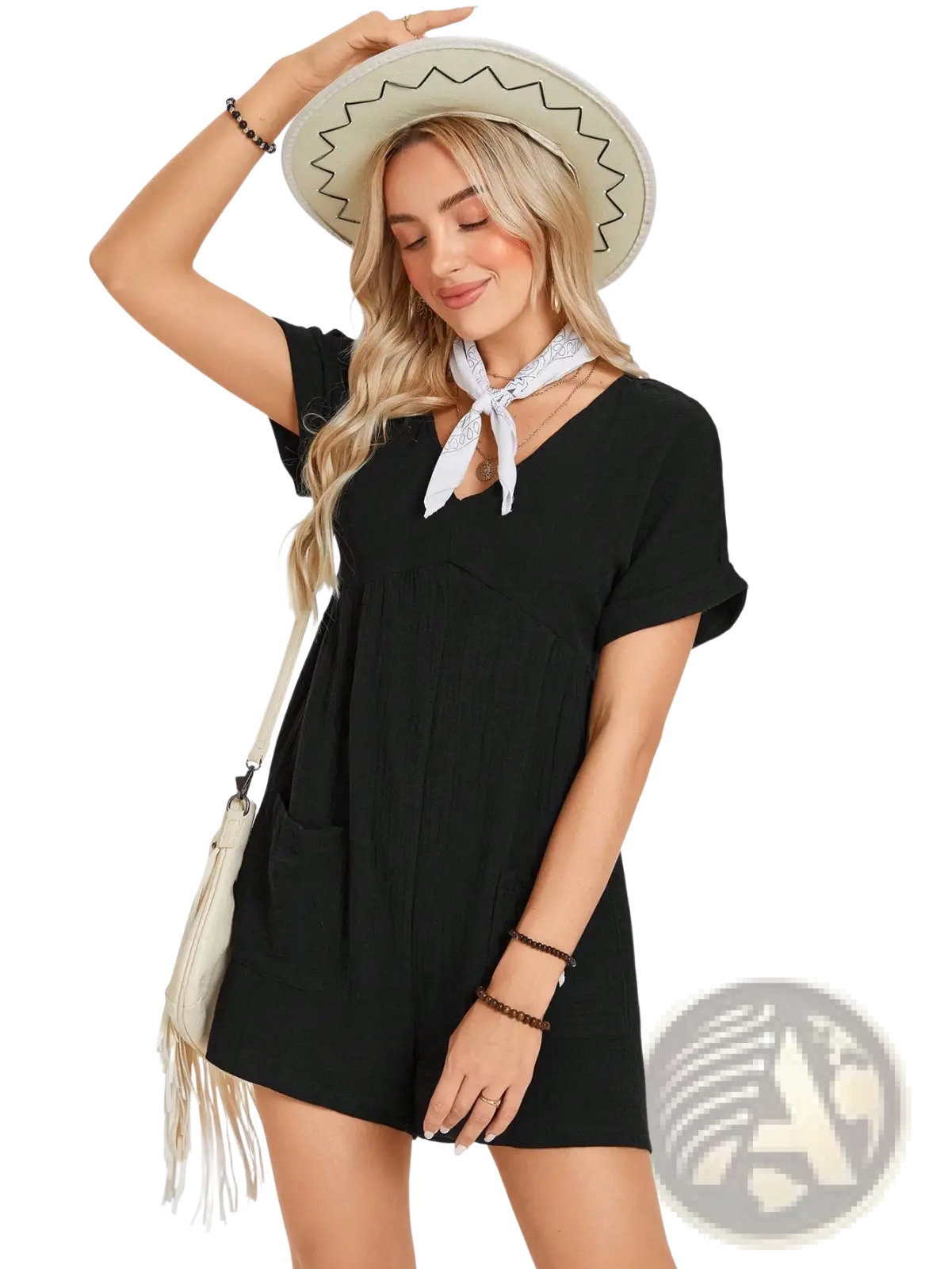 Black cotton batwing sleeve romper with v-neckline front pockets and white bandana accessory at the neck
