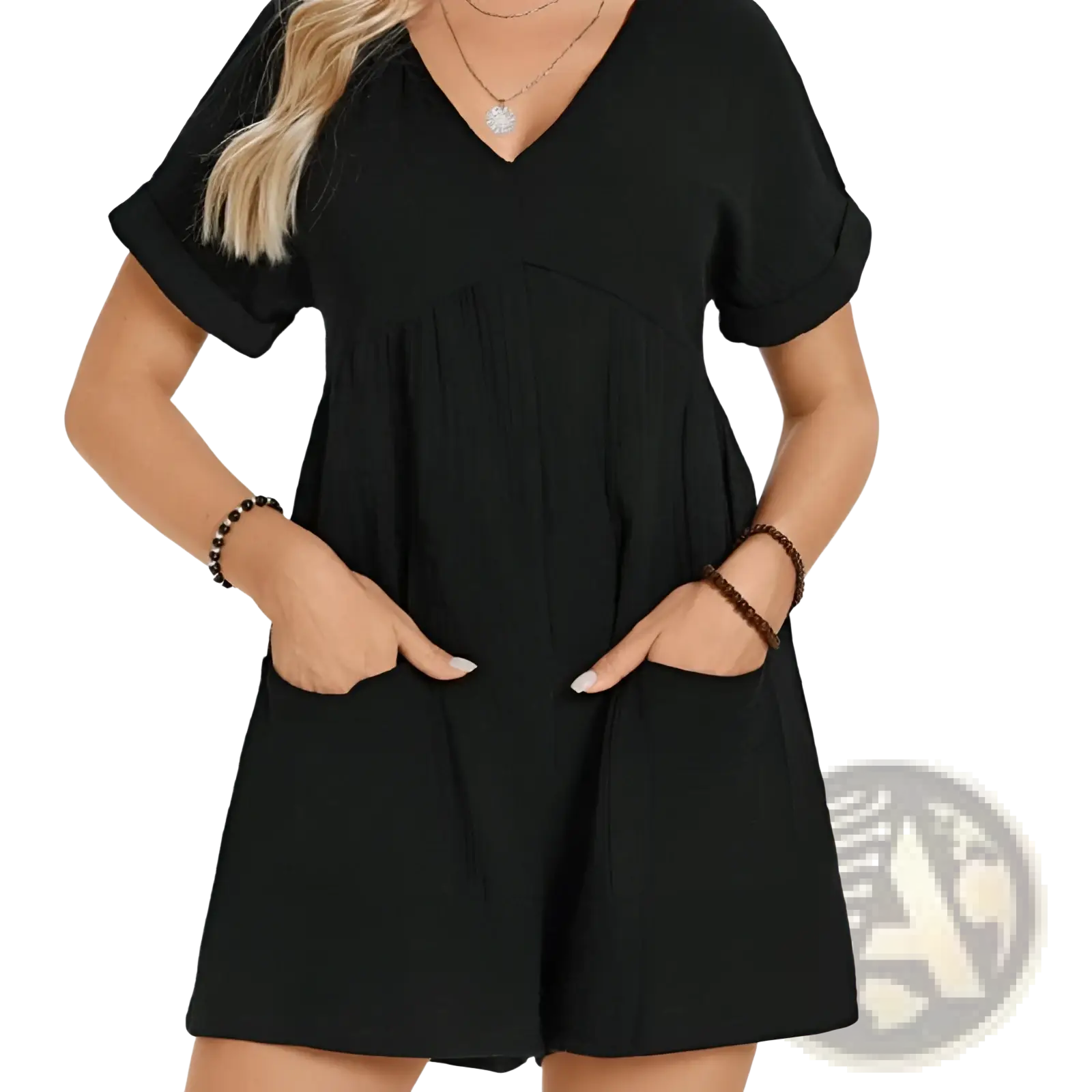Black cotton batwing sleeve pocket romper with short sleeves gathered waist and front pockets for casual wear