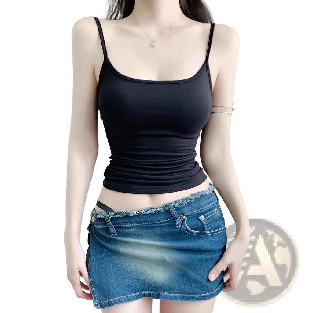 Black cotton slim fit camisole crop top with spaghetti straps ideal for casual wear