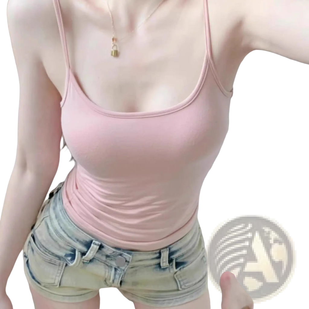 A soft pink cotton camisole crop top with slim fit and rounded neckline featuring spaghetti straps