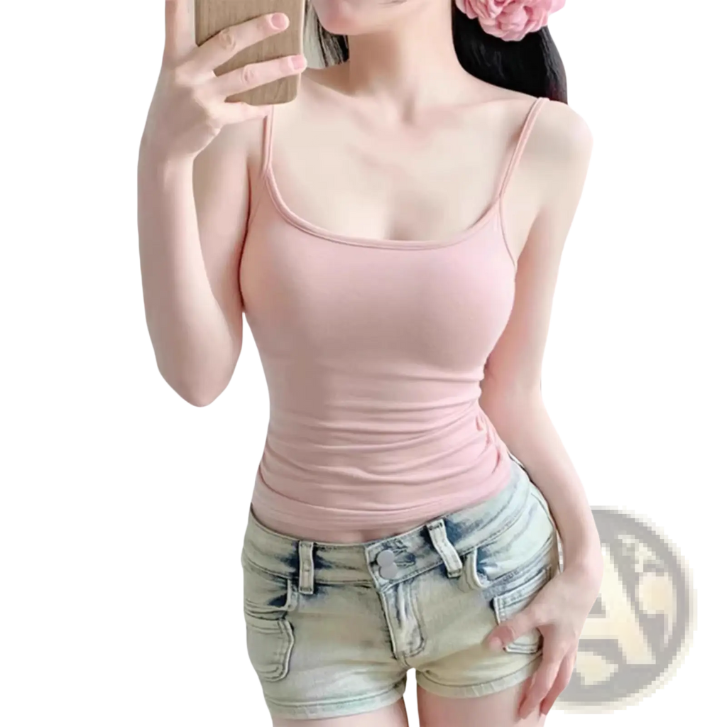 A soft pink cotton camisole crop top with slim fit and spaghetti straps for a comfortable stylish look