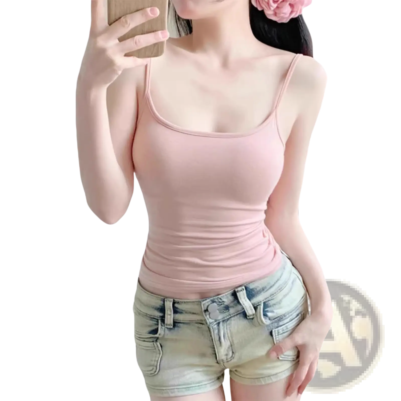 A soft pink cotton camisole crop top with slim fit and spaghetti straps for a comfortable stylish look