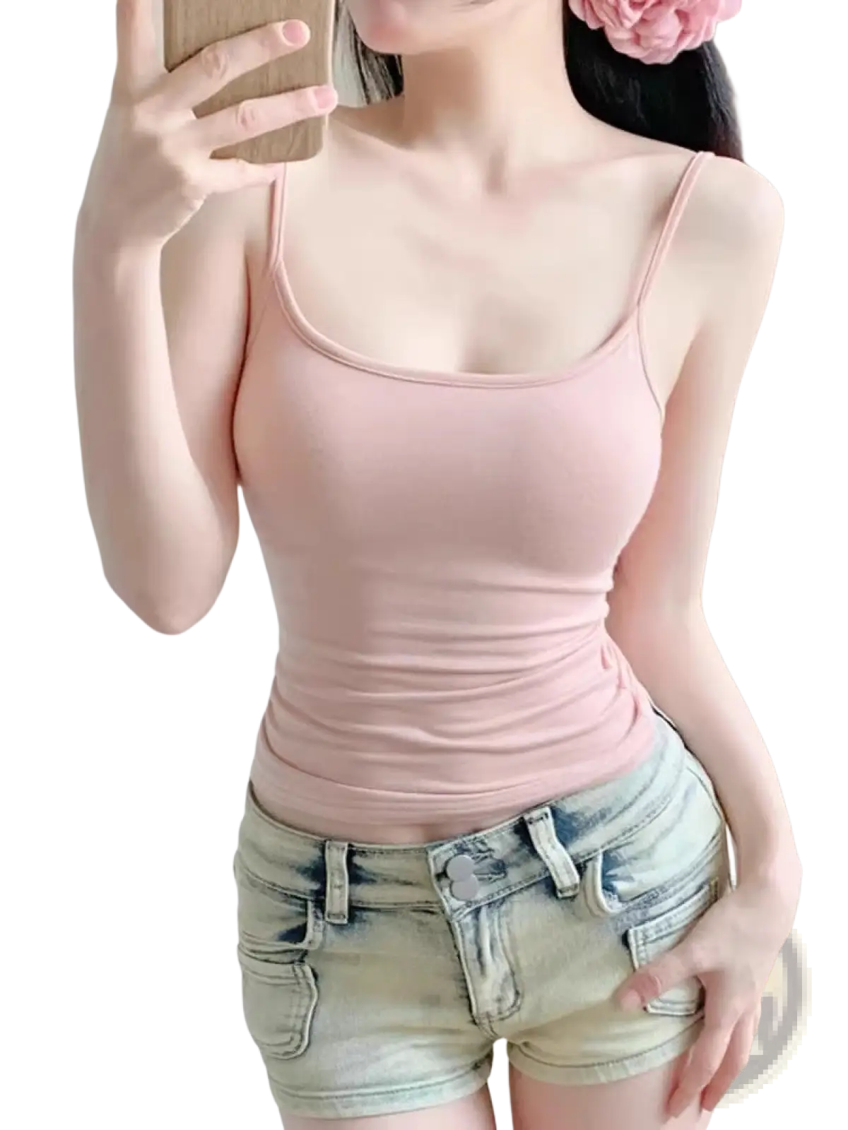 A soft blush pink cotton camisole crop top with slim fit and spaghetti straps for comfortable everyday wear