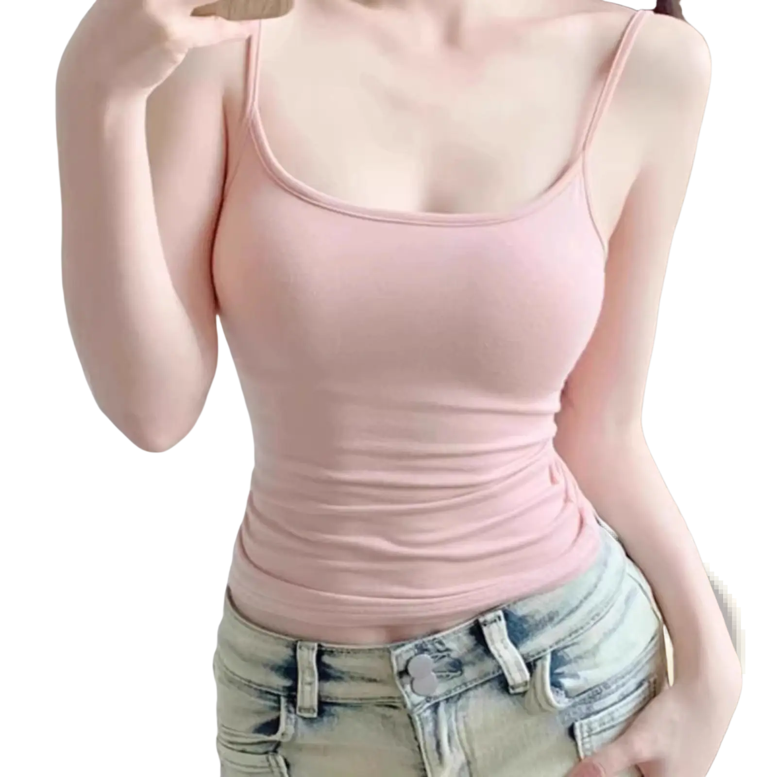 A soft pink cotton camisole crop top with slim fit and spaghetti straps ideal for casual wear