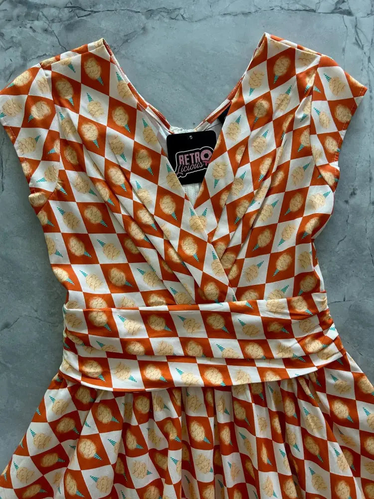 Cotton Candy Greta vintage orange and white cotton dress with diamond pattern and ice cream cone print in smooth fabric