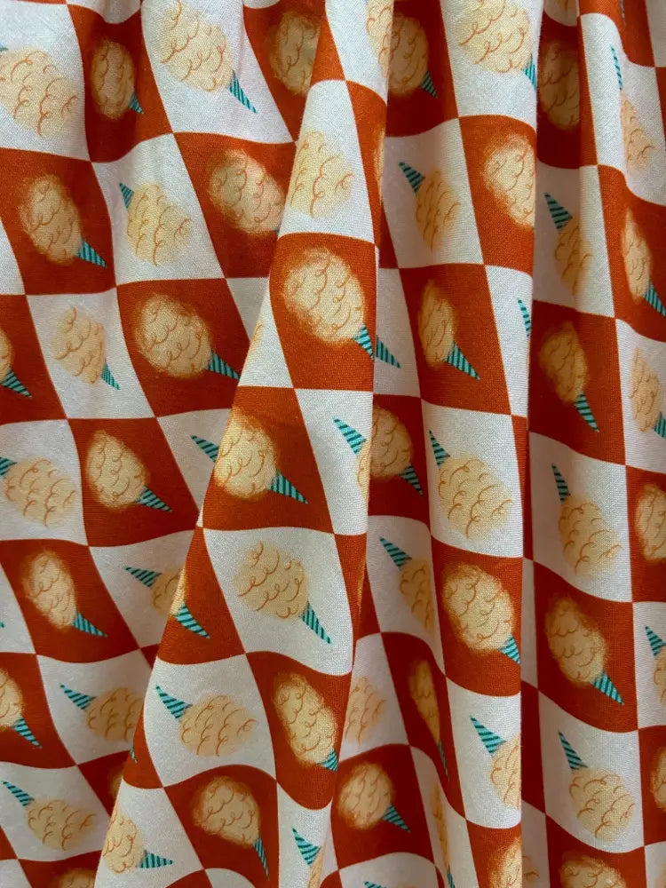 Cotton candy greta vintage ice cream print cotton dress with orange and white checkered fabric and teal-striped ice cream cones