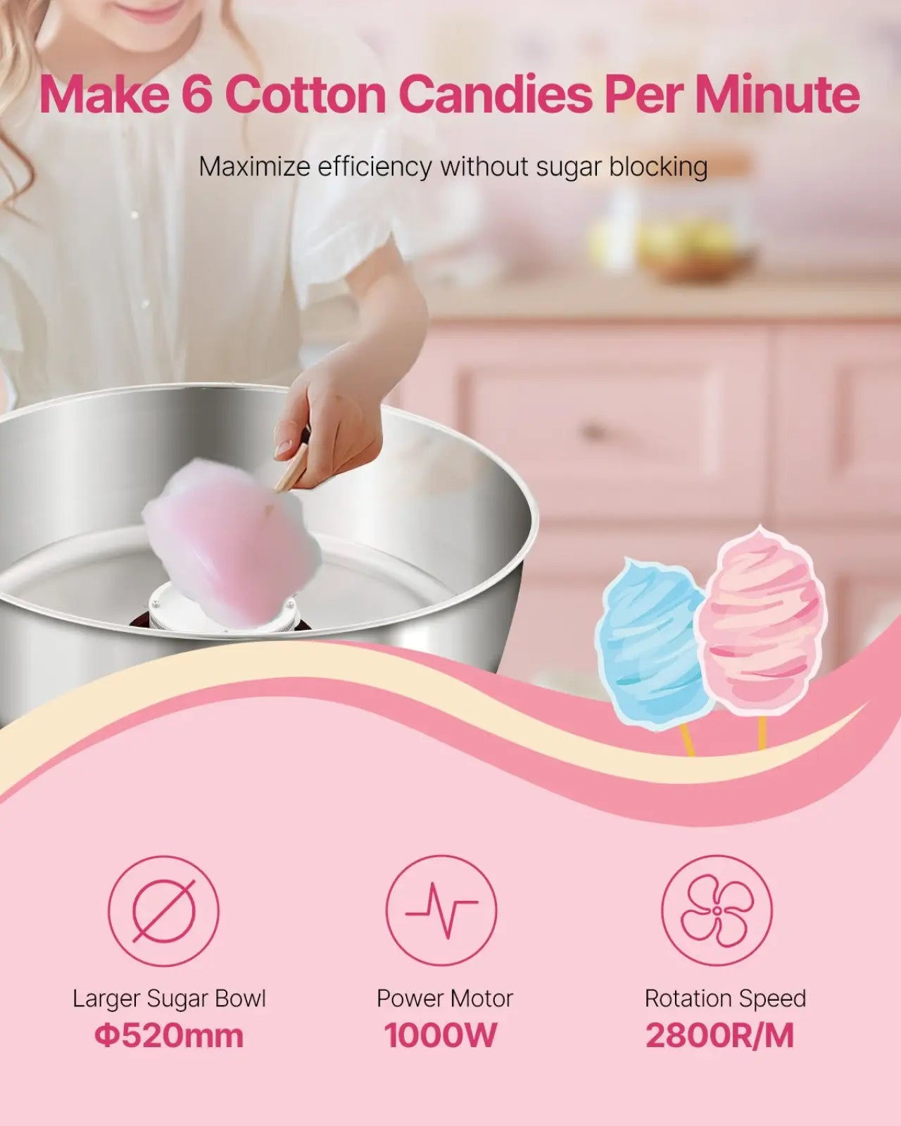 Silver cotton candy machine with large sugar bowl and 1000w power motor for commercial floss making