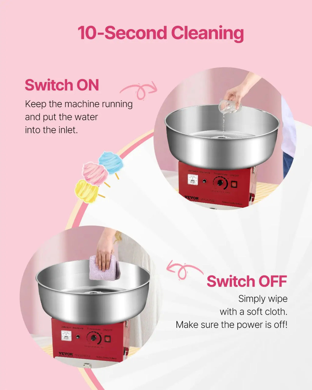 Red and stainless steel cotton candy machine with 1000w commercial floss maker and circular bowl