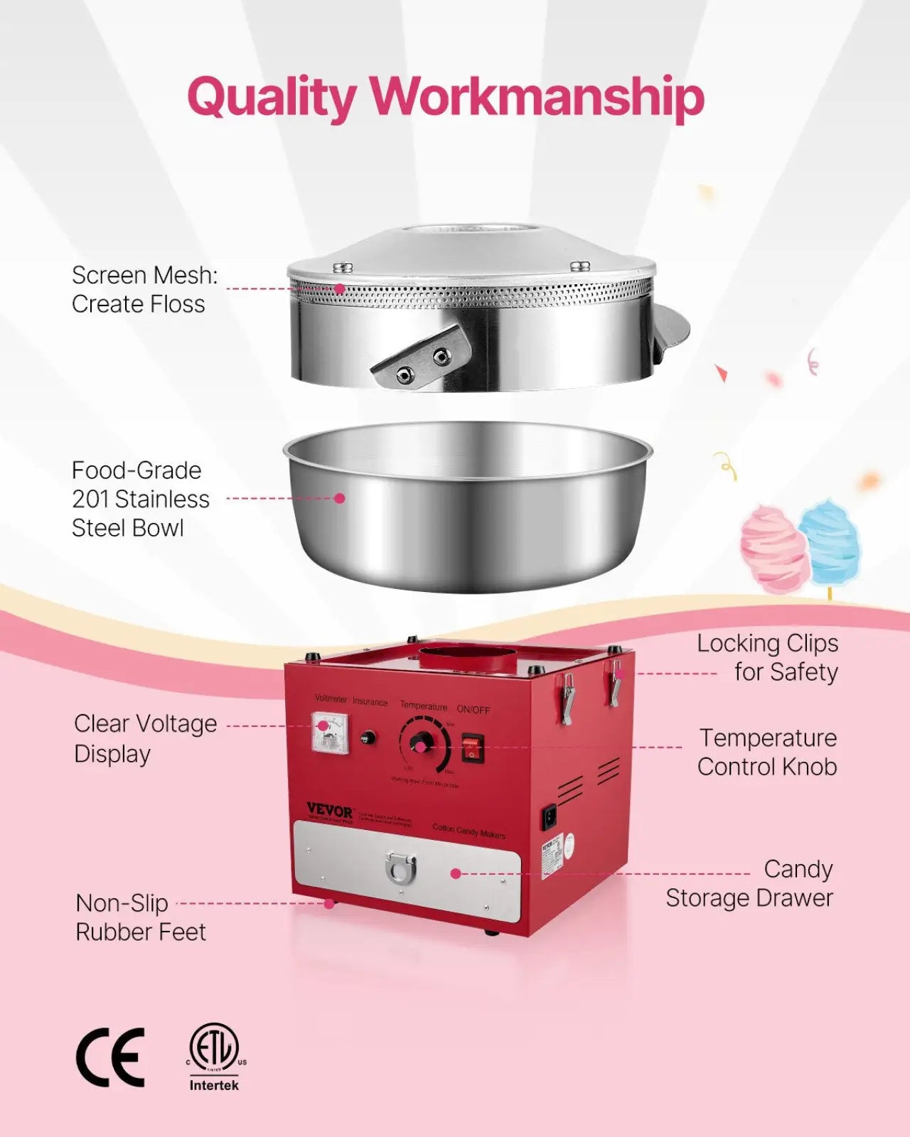 Red and silver Vevor 1000w commercial cotton candy machine with stainless steel bowl, temperature control, and storage drawer