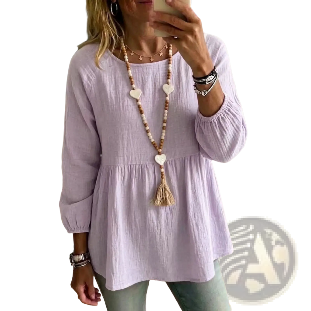 Lavender cotton doll shirt loose fit casual top with long sleeves gathered waist and soft textured fabric