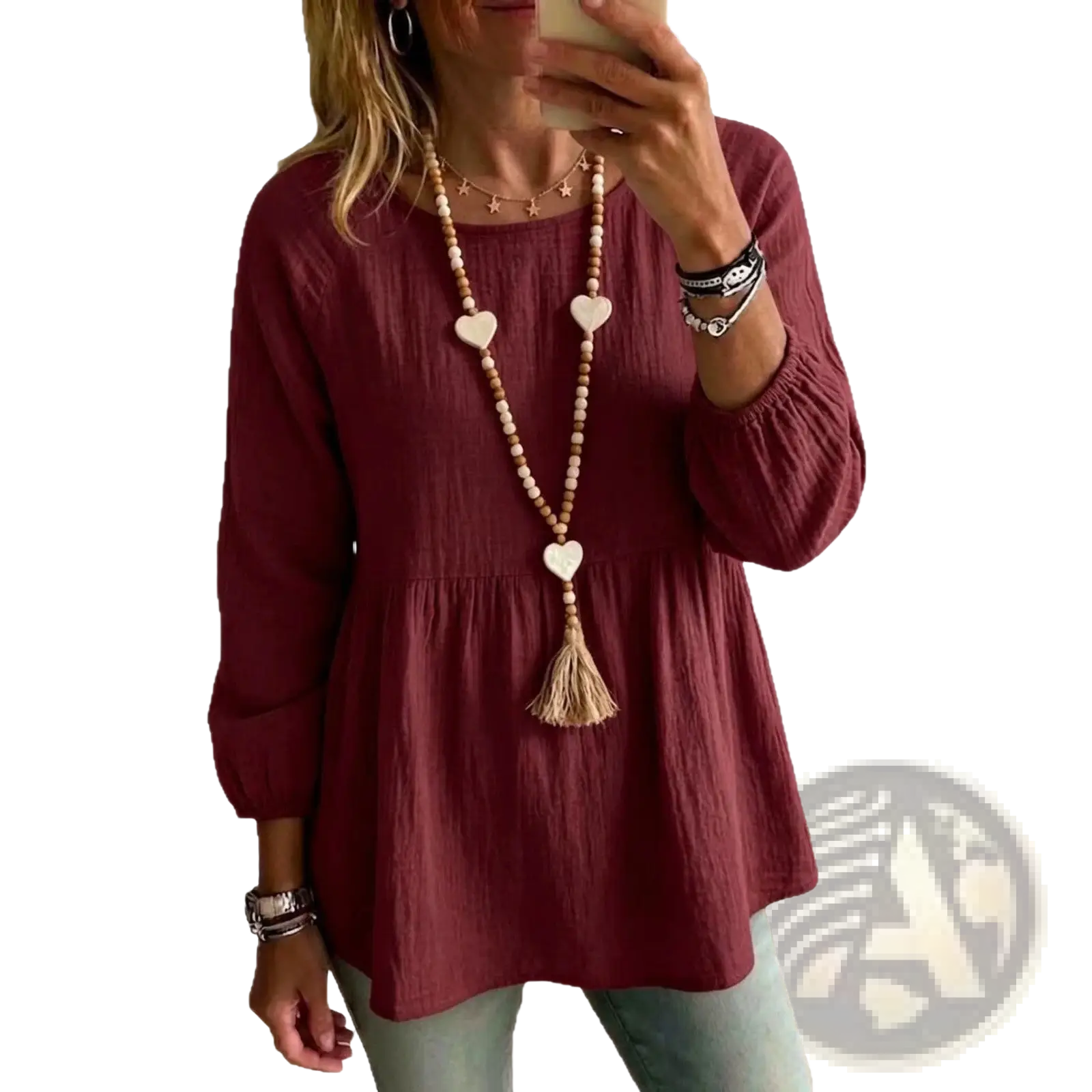 Maroon cotton doll shirt with textured fabric three-quarter sleeves and peplum hem casual loose fit top