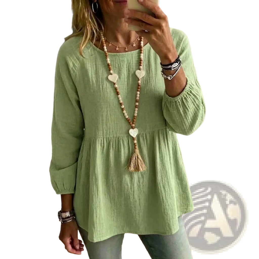Cotton doll shirt loose fit casual top in soft sage green cotton with gathered waist and elastic cuffs long sleeves