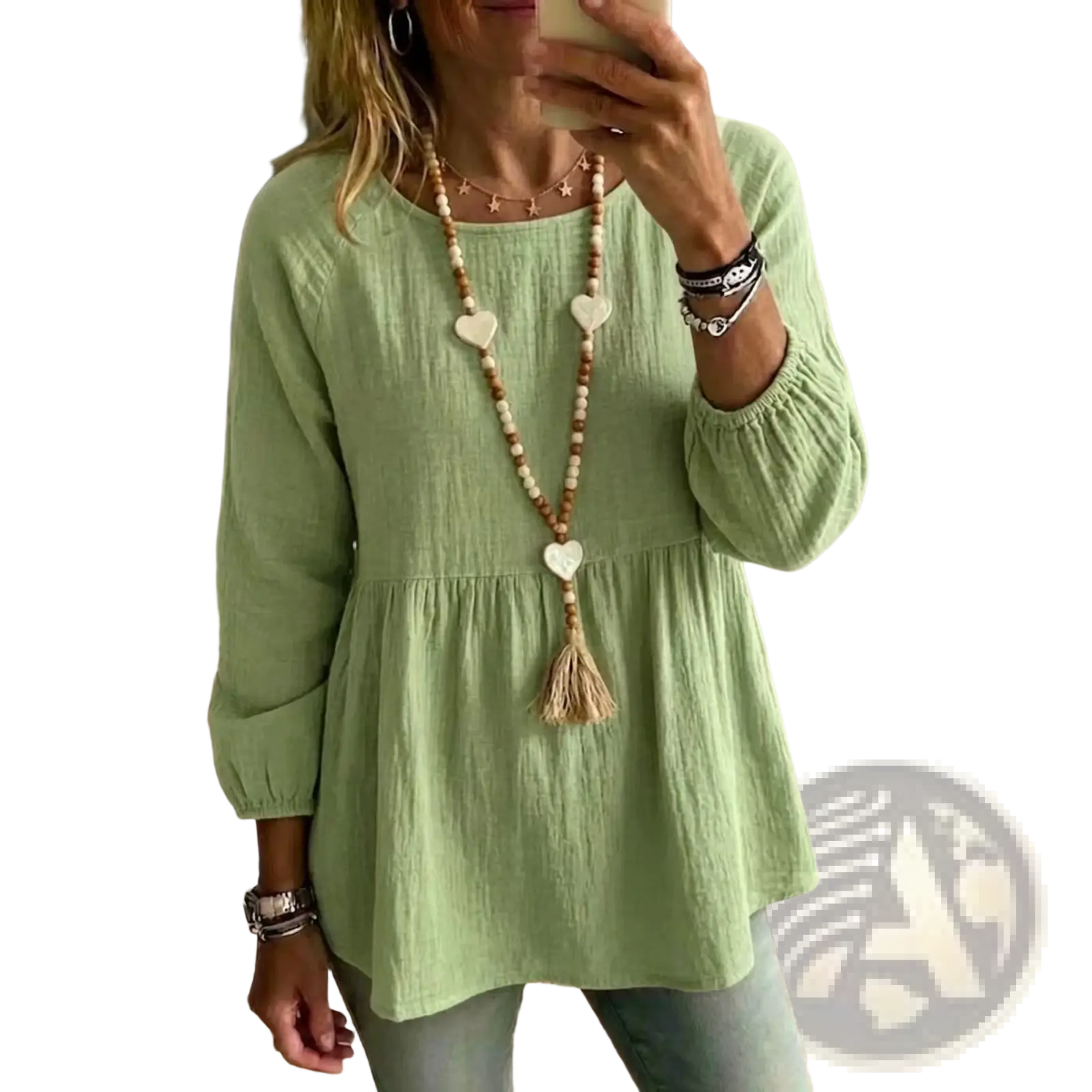 Cotton doll shirt loose fit casual top in soft sage green cotton with gathered waist and elastic cuffs long sleeves