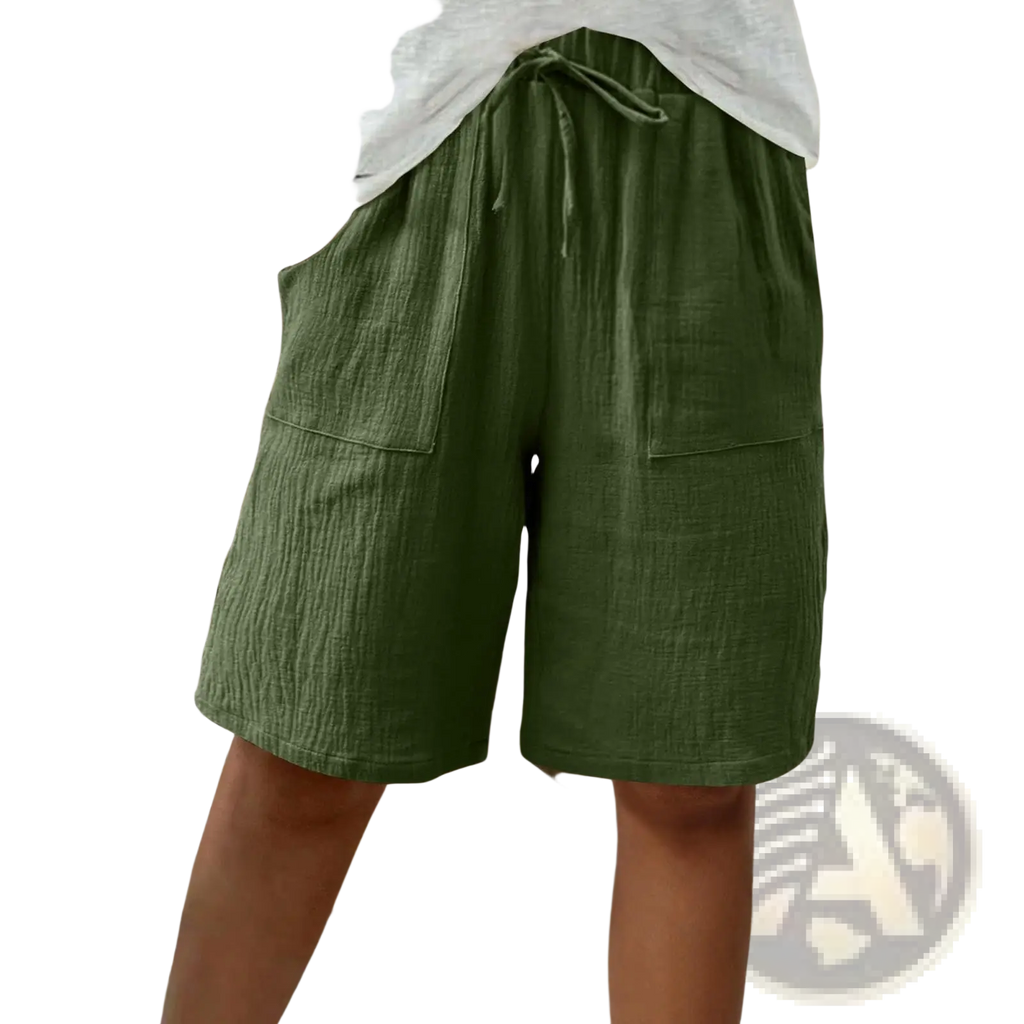 Olive green cotton drawstring casual capri pants with linen fabric and two large front pockets for comfort and style