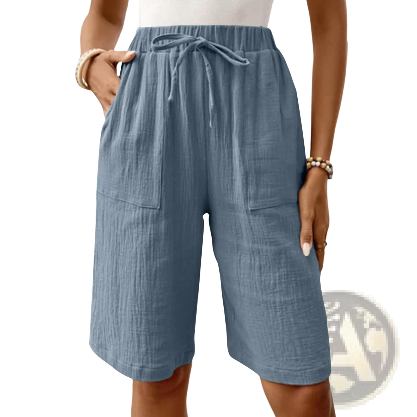 Blue cotton drawstring casual capri pants with linen fabric and two front pockets for comfortable wear