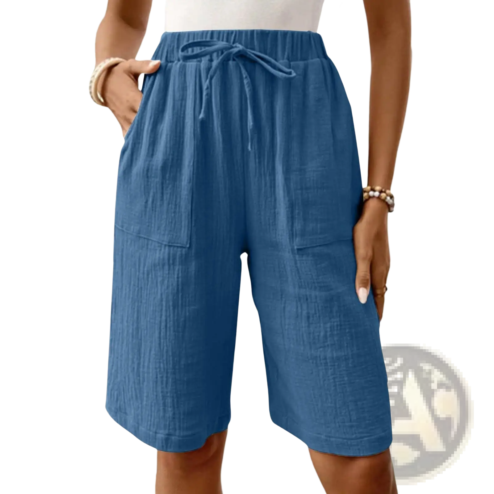 Blue linen cotton drawstring casual capri shorts featuring a waist tie and two front pockets for comfort