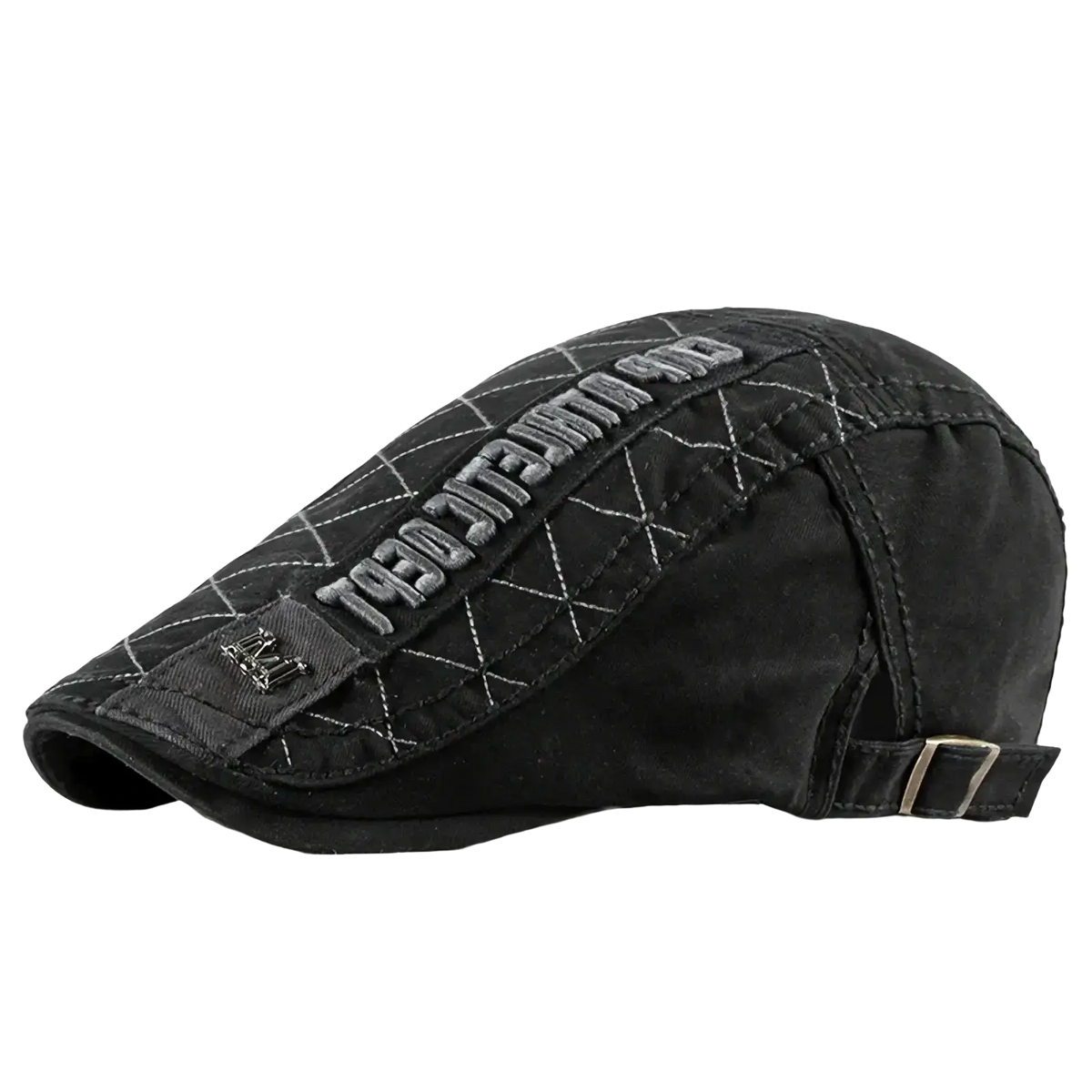 Black cotton flat cap with quilted diamond stitching gray embroidered text and adjustable silver buckle strap
