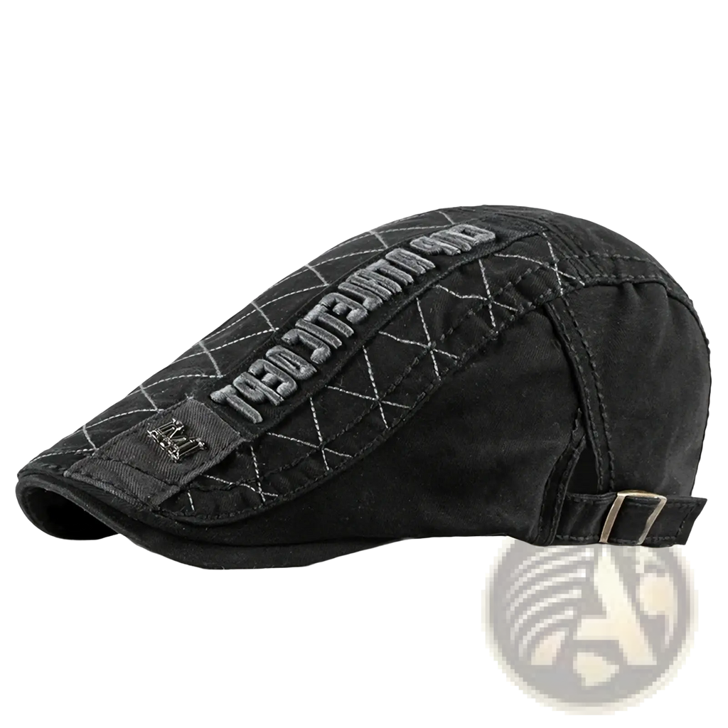 Black denim cotton flat cap with quilted diamond stitching and embroidered theo lettering for men and women
