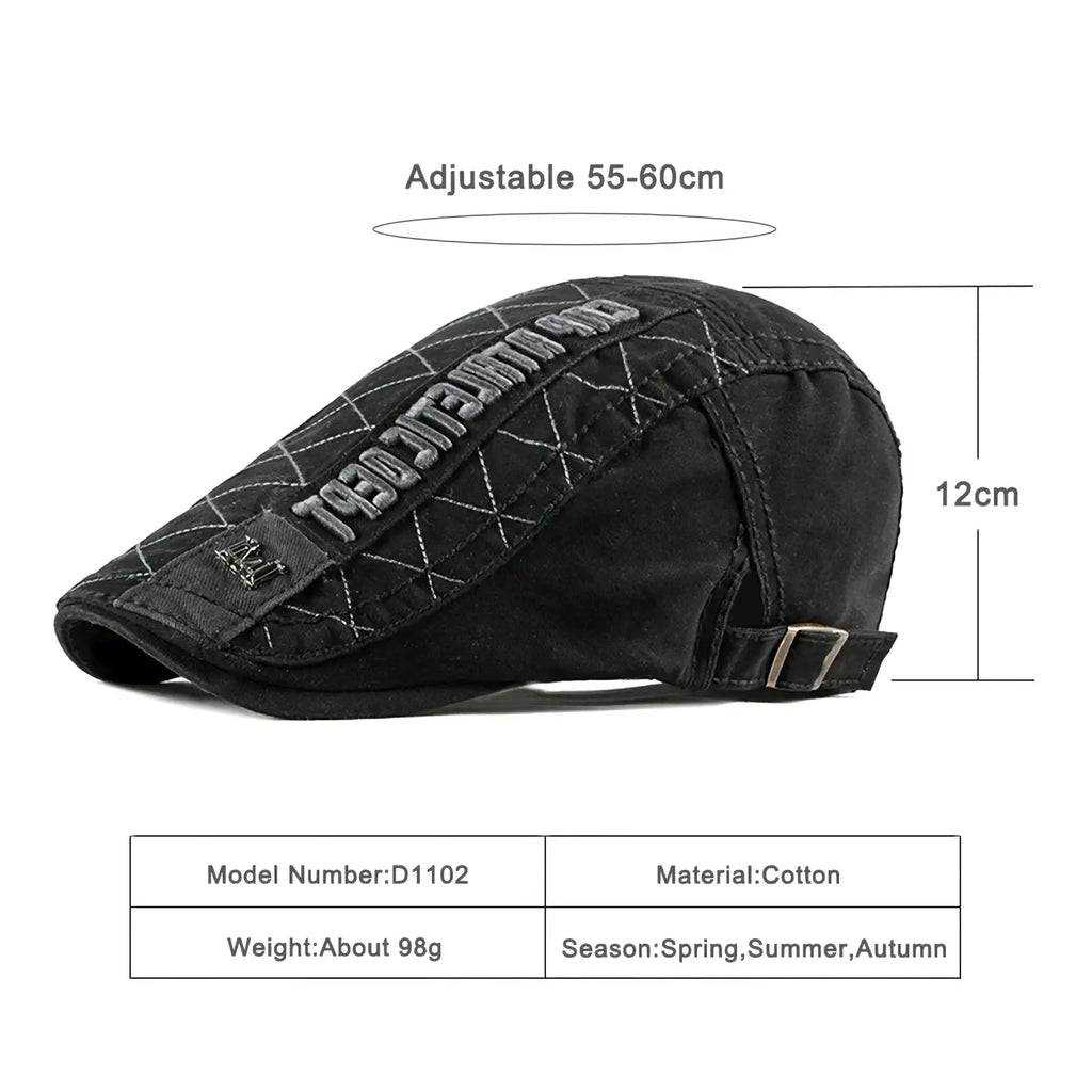 Black cotton flat cap with quilted texture and embroidered lettering for men and women retro newsboy hat