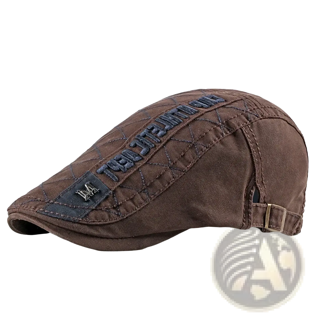 Brown cotton denim flat cap with quilted stitching and dark blue embroidered text and logo patch for men and women