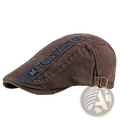 Brown cotton denim flat cap with quilted stitching and dark blue embroidered text and logo patch for men and women