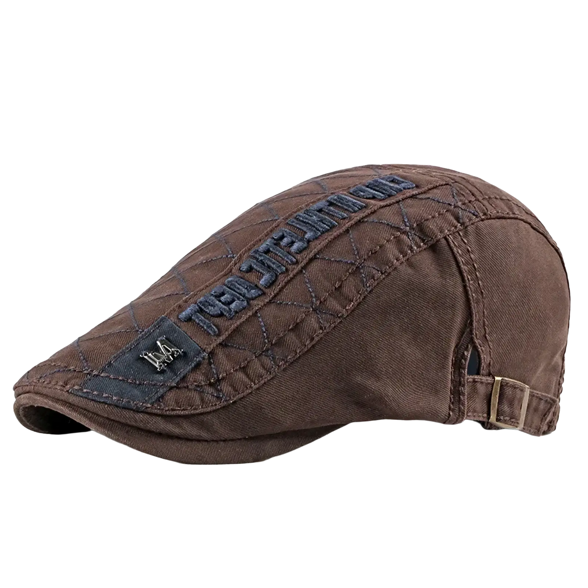 Brown cotton denim flat cap with quilted stitching and dark blue embroidered text and logo patch for men and women