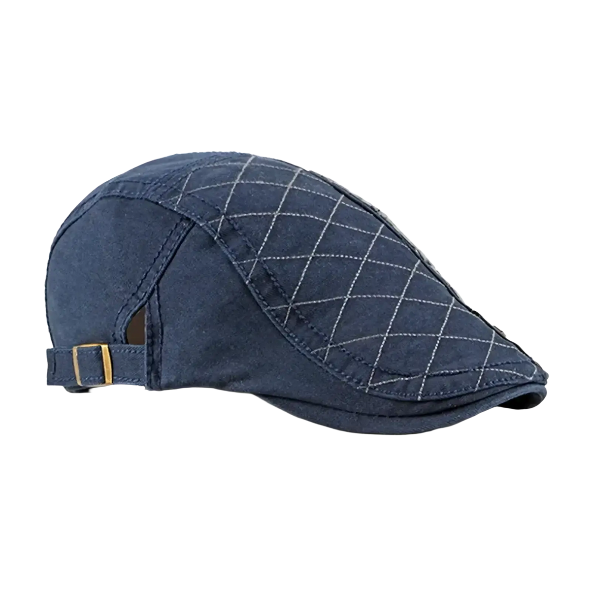 Dark blue cotton flat cap with white diamond stitching and gold-tone buckle for men and women retro newsboy hat