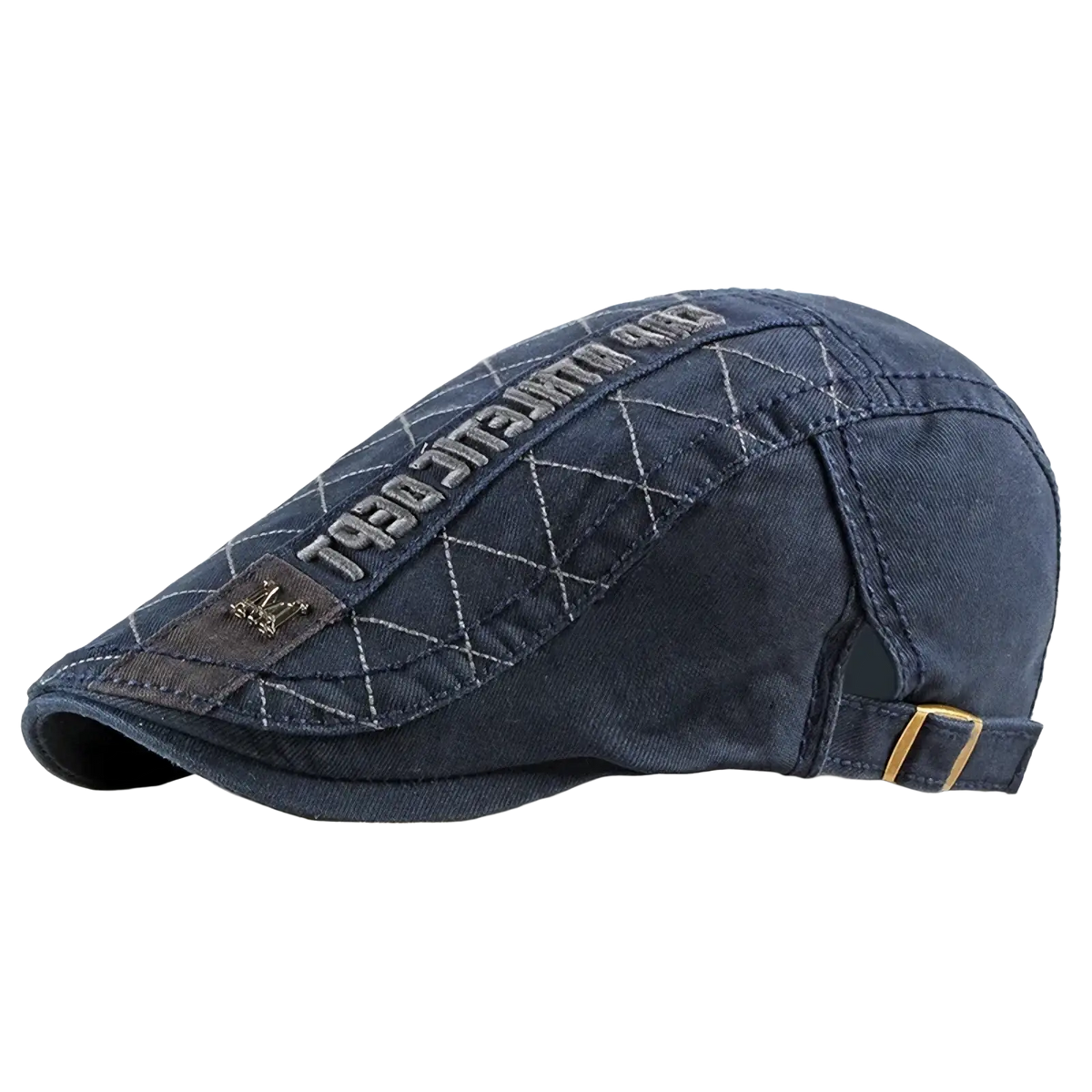 Dark blue denim cotton flat cap with quilted stitching embroidered text and gold-tone buckle adjustable strap for men and women
