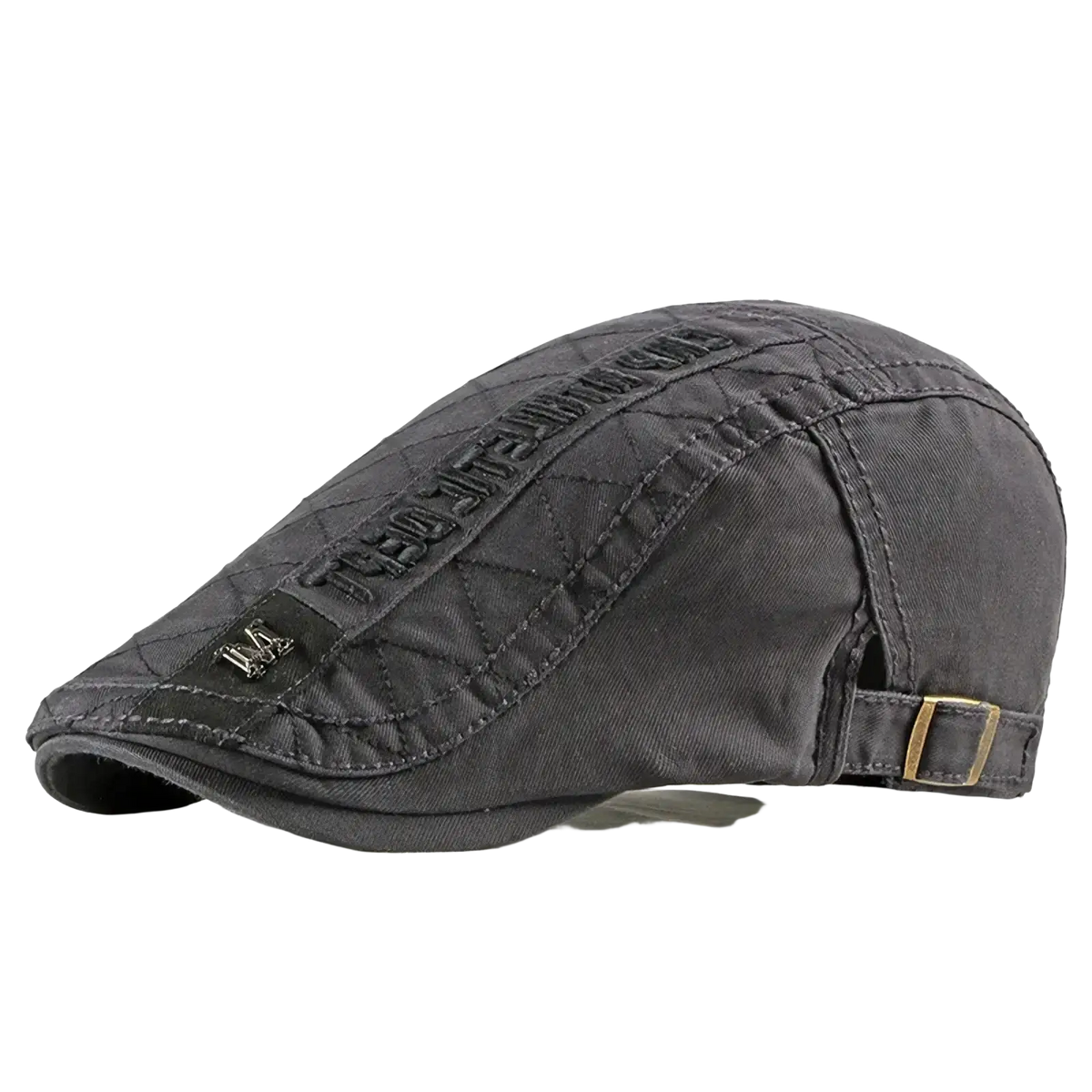 Dark gray cotton flat cap with quilted stitching and gold-tone buckle in retro newsboy style for men and women