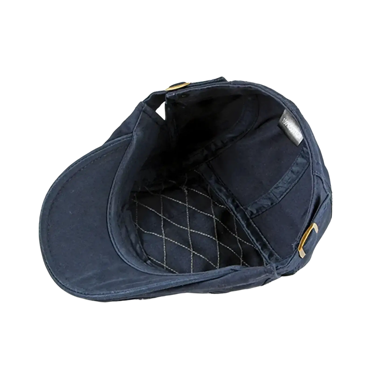 Navy blue cotton flat cap featuring gold-toned metal hardware and quilted interior lining for men and women