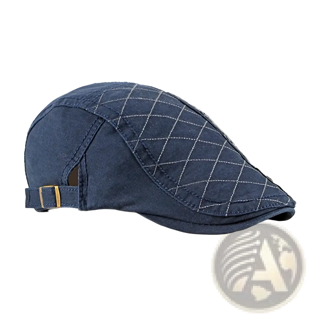Navy blue cotton flat cap with white diamond-stitched pattern and gold-toned buckle strap for men and women