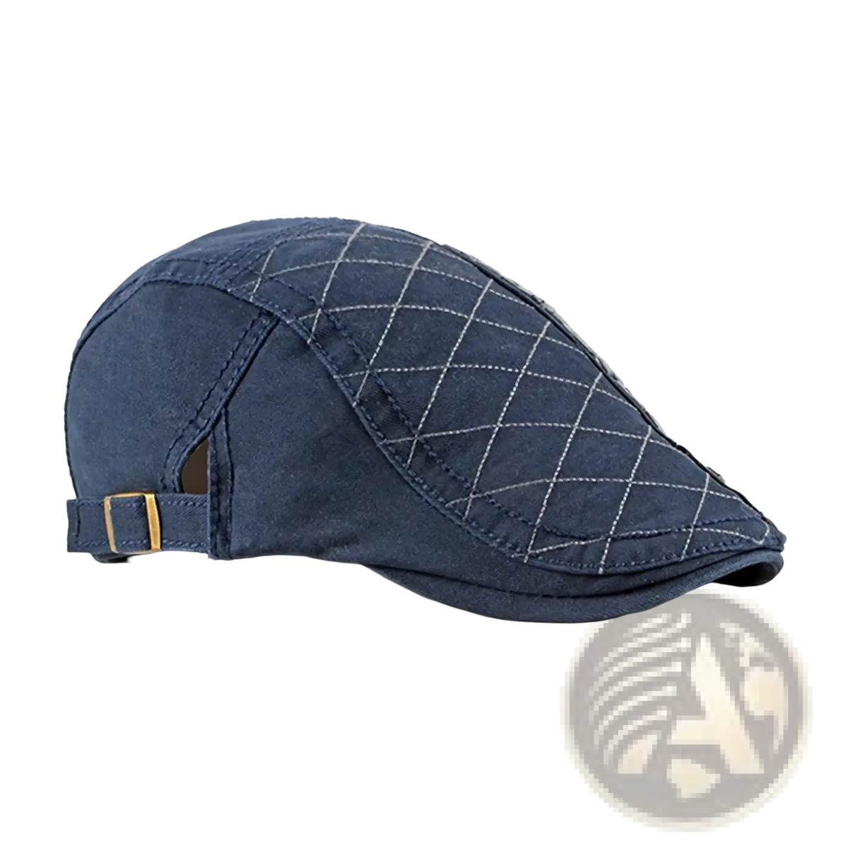 Navy blue cotton flat cap with white diamond-stitched pattern and gold-toned buckle strap for men and women