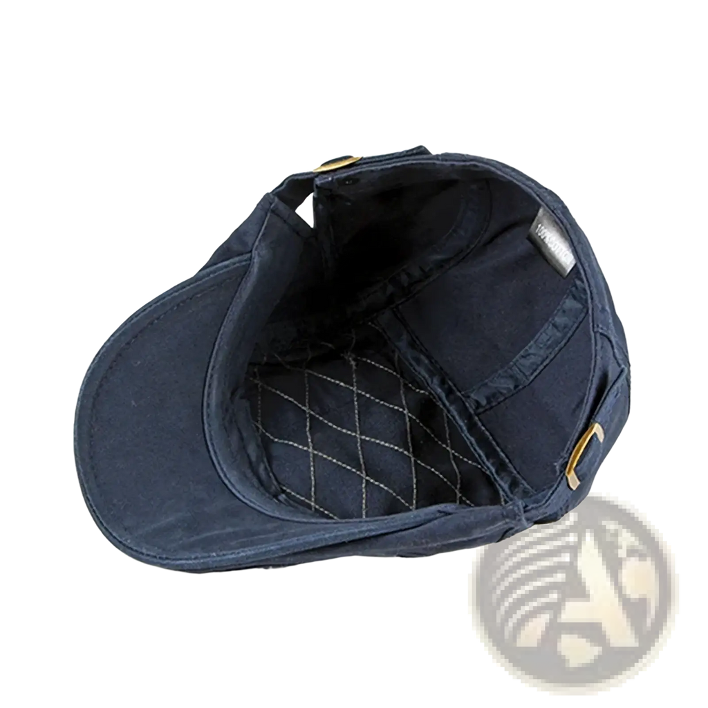 Navy blue cotton flat cap with quilted interior and gold-tone hardware for men and women retro newsboy hat