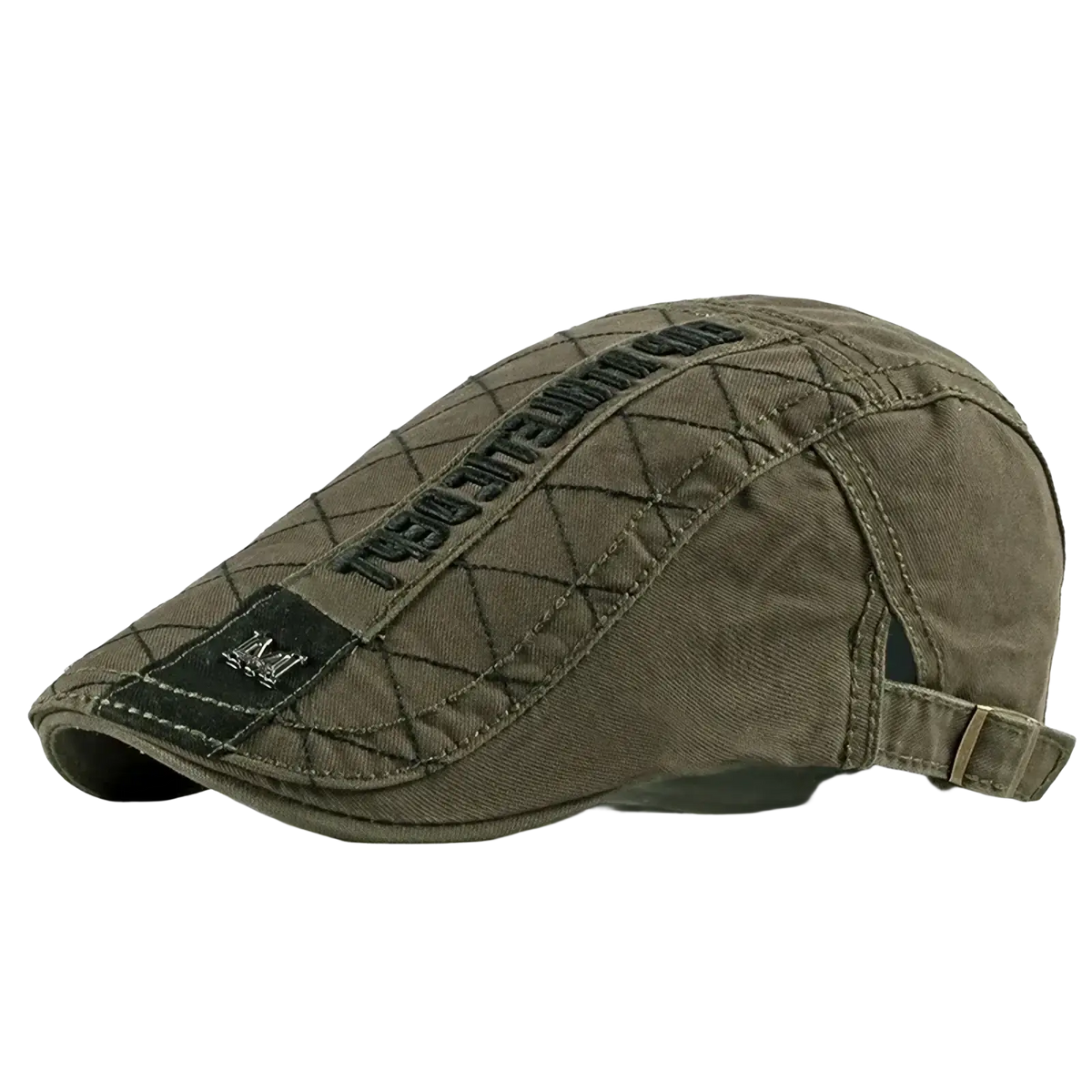 Olive green cotton flat cap with quilted front panel and black embroidered branding for men and women