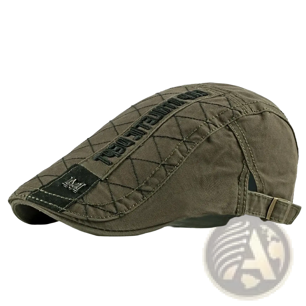 Olive green cotton quilted flat cap with black embroidered text and metallic logo patch for men and women