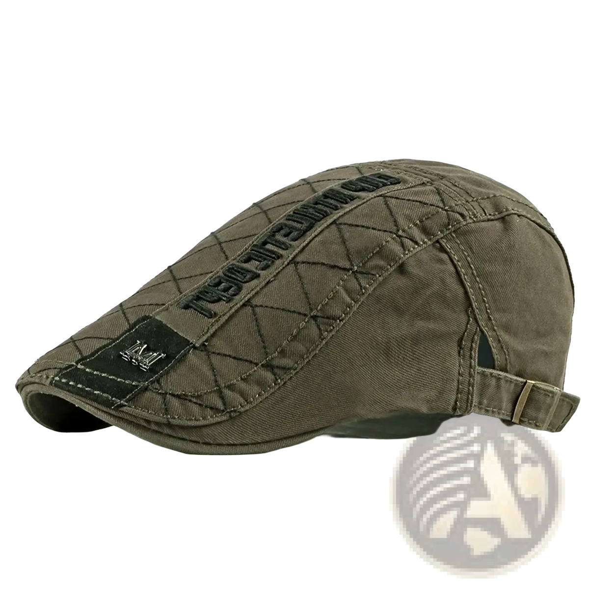 Olive green cotton quilted flat cap with black embroidered text and metallic logo patch for men and women