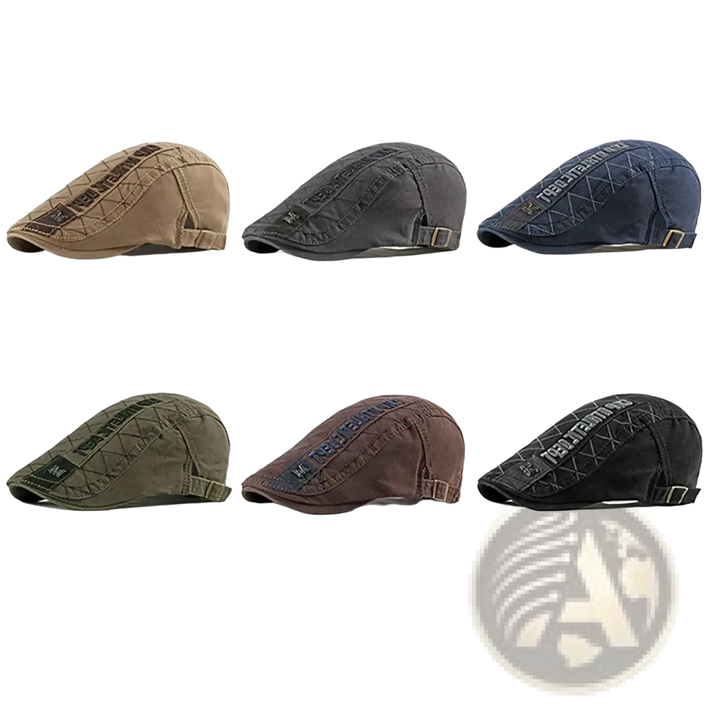 A six-color selection of rugged quilted cotton flat caps with stitched logo patch and adjustable strap for men and women