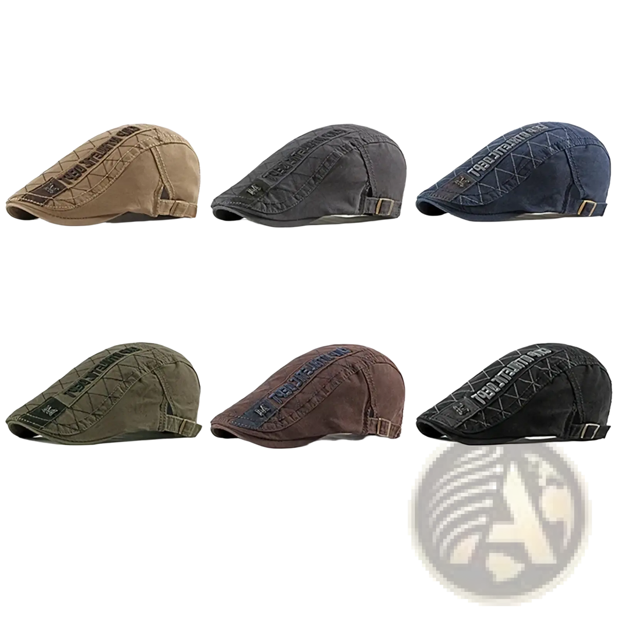 A six-color selection of rugged quilted cotton flat caps with stitched logo patch and adjustable strap for men and women