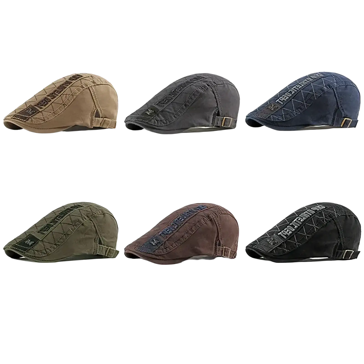 Six cotton flat caps in beige black navy olive brown and dark gray with quilted stitching and adjustable straps for men and women