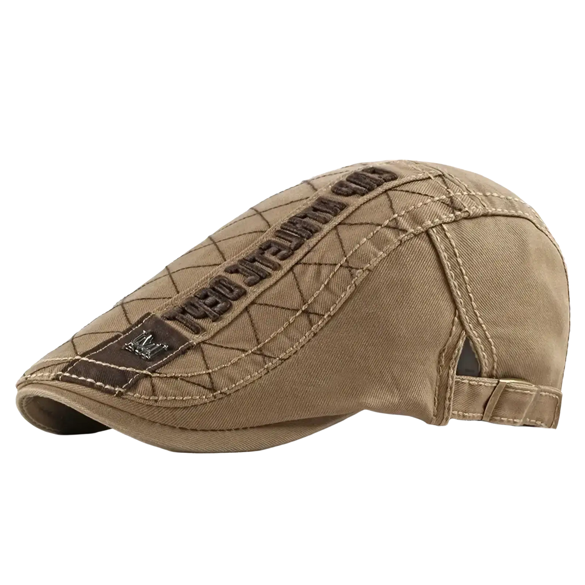 Tan cotton flat cap with brown embroidered lettering and leather logo patch vintage newsboy hat for men and women