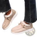 Beige cotton flat winter slip-on shoes with white rubber soles and warm fluffy faux fur lining for cold weather